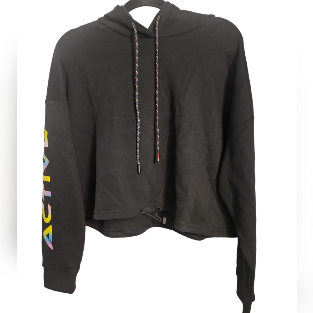 Zyia Active Ombre Black Crop Hoodie Size Medium Neon Arm Logo